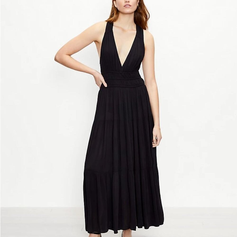LOFT‎ Black Halter Maxi Dress M Sleeveless Deep V Smocked Resort Beach Vacation